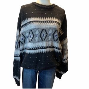 Liz Claiborne Vintage Oversized Cotton Sweater (Sz L) Gray Geo Diamond Grandpa